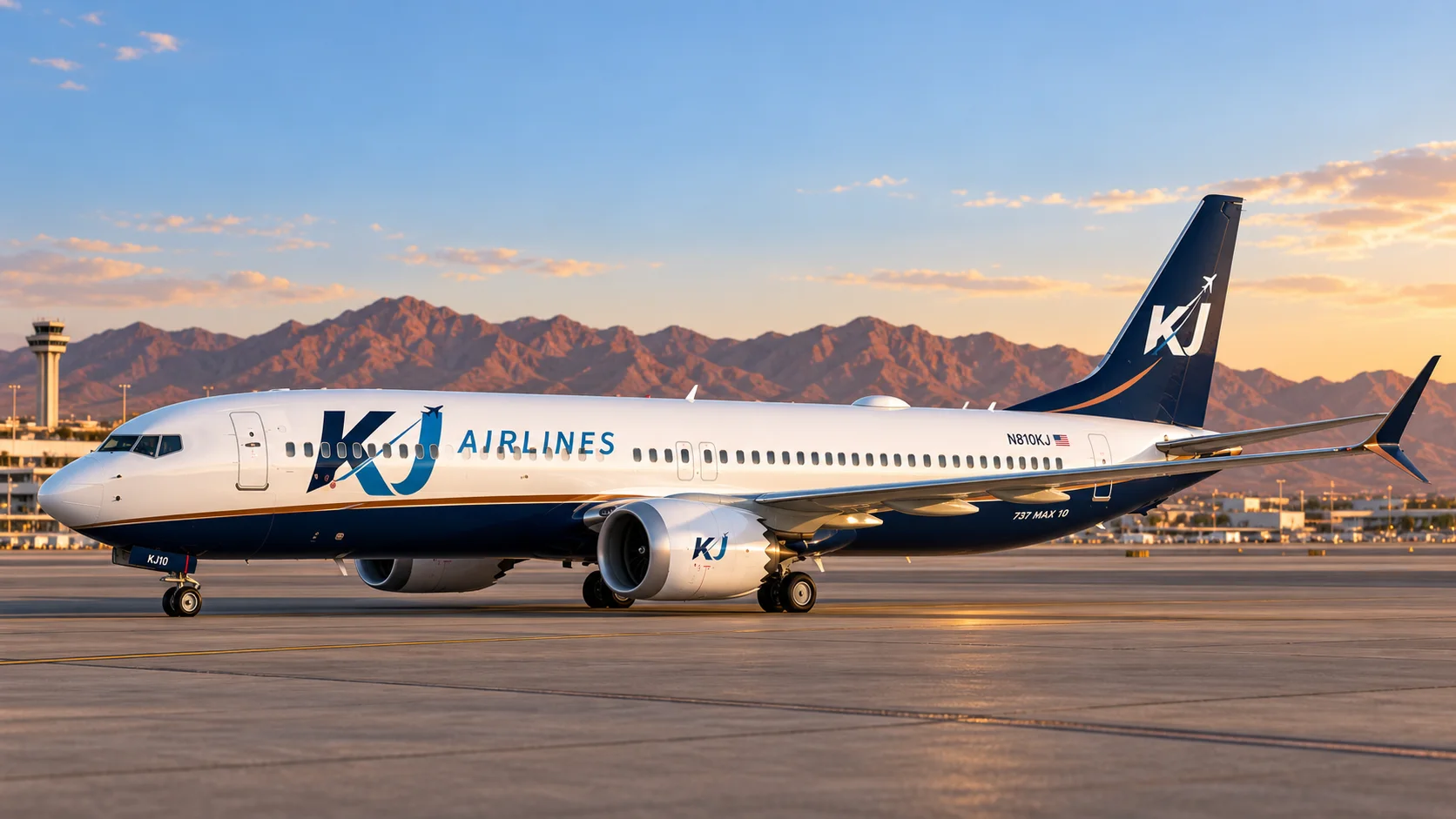KJ aircraft against the Arizona mountains in golden evening light